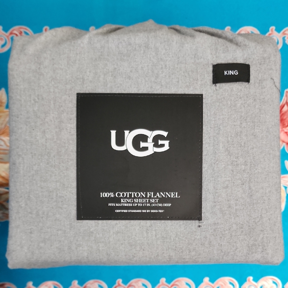 NEW! UGG Gray Cotton Flannel King Sheet Set